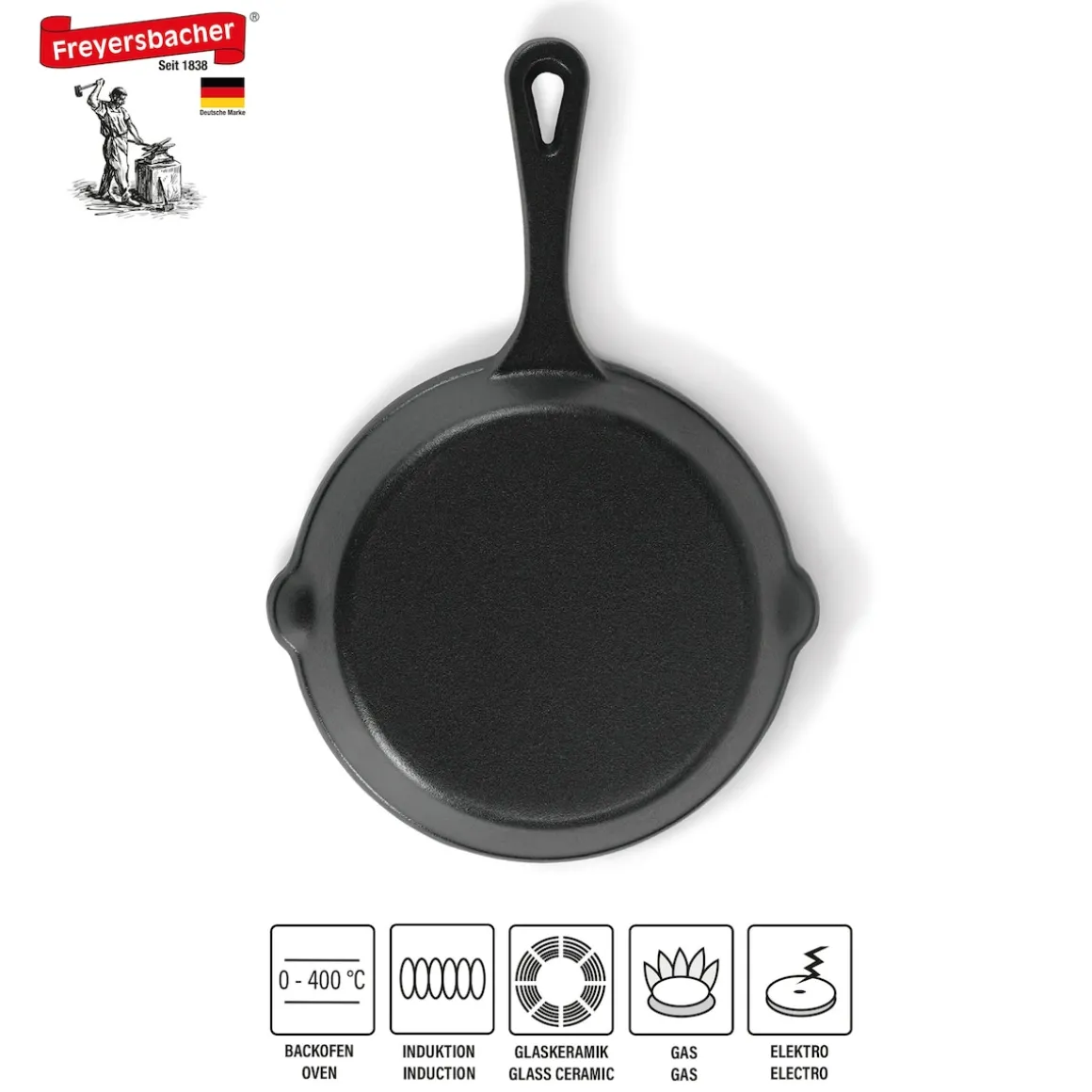 Freyersbacher Gusseisenpfanne 15 cm, Emaille Bratpfanne | mit Brett und Tuch