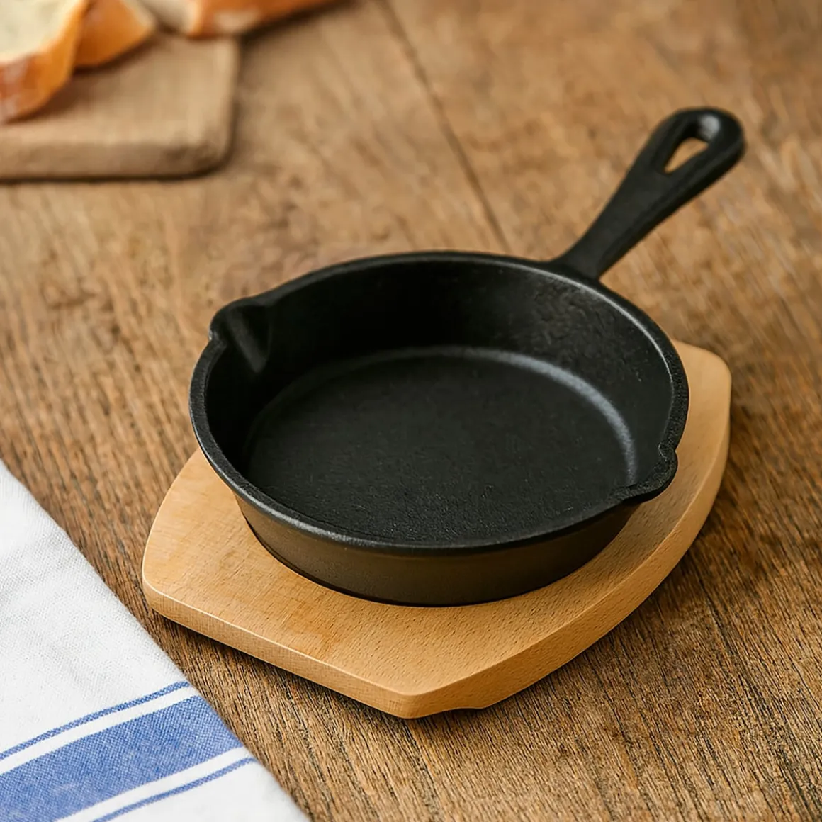 Freyersbacher Gusseisenpfanne 15 cm, Emaille Bratpfanne | mit Brett und Tuch