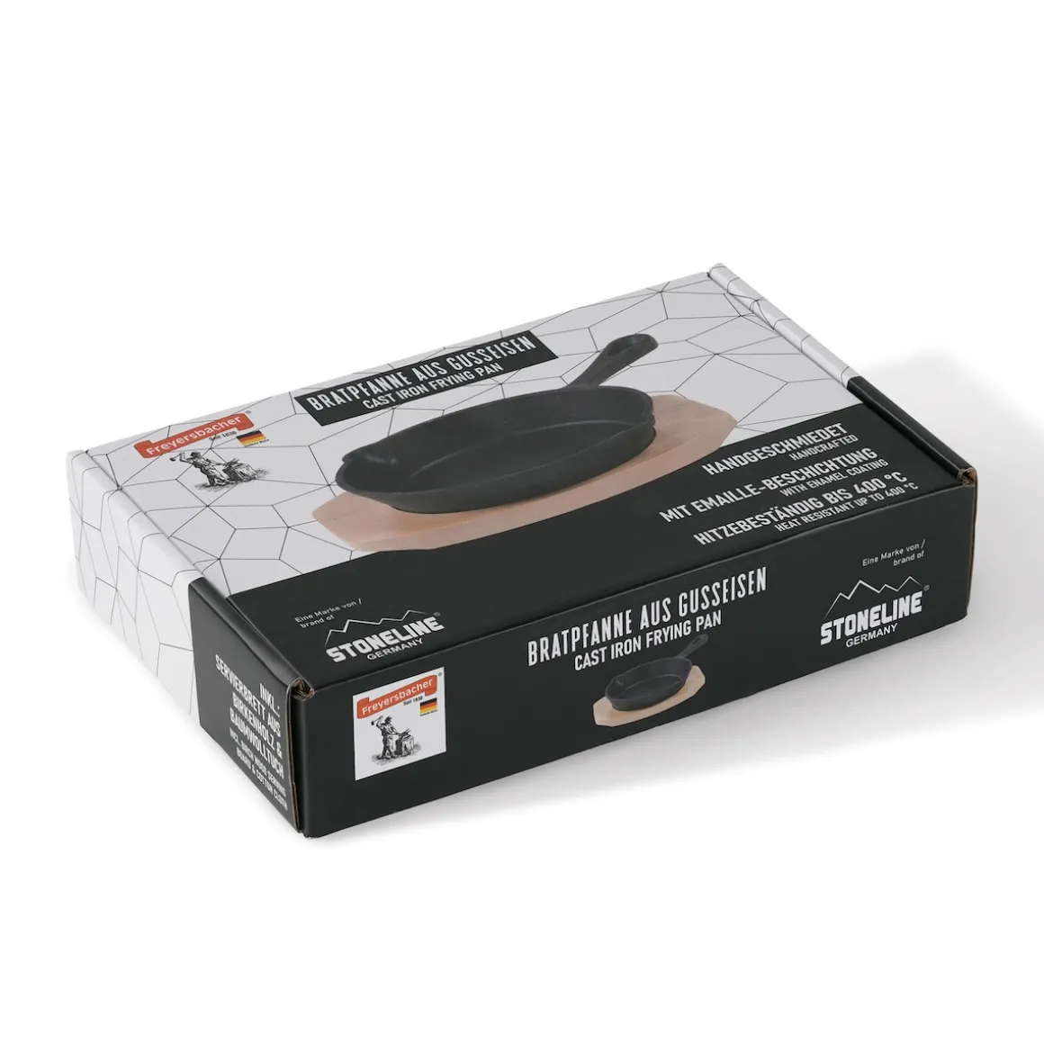 Freyersbacher Gusseisenpfanne 15 cm, Emaille Bratpfanne | mit Brett und Tuch