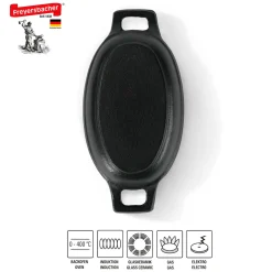 Freyersbacher Kleine Gusseisenpfanne Oval 14x9 cm, Emaille Servierpfanne | Mit Brett und Tuch