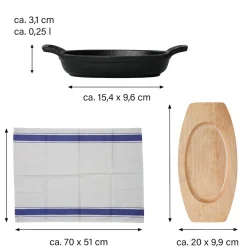 Freyersbacher Kleine Gusseisenpfanne Oval 14x9 cm, Emaille Servierpfanne | Mit Brett und Tuch