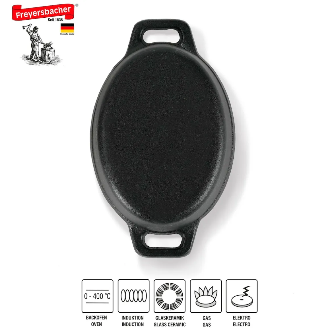 Freyersbacher Mini Cocotte 12x8,5 cm Gusseisen, Kleiner Emaille Topf | Oval, mit Brett und Tuch