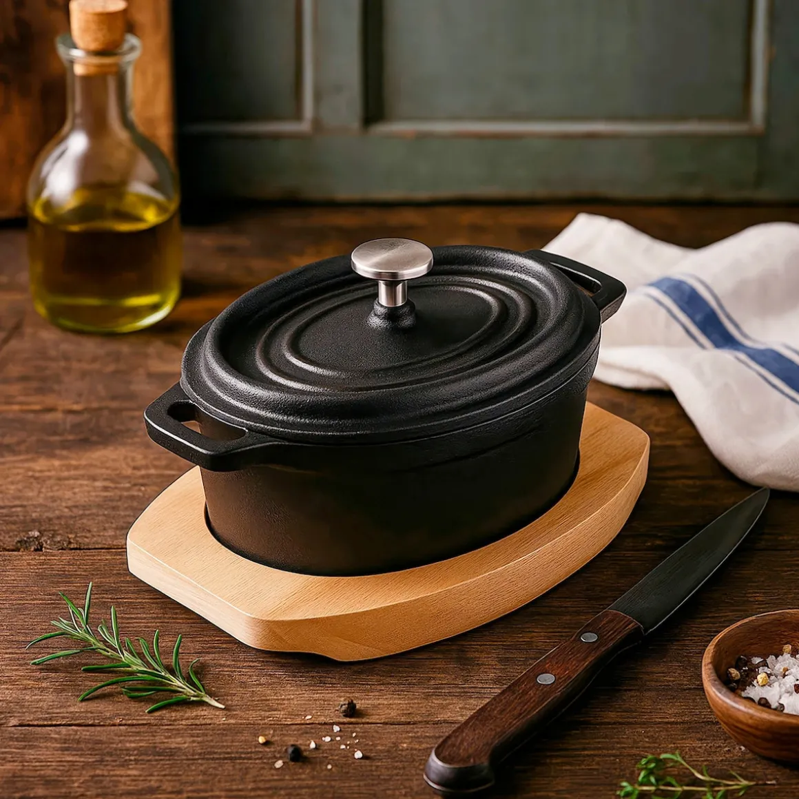 Freyersbacher Mini Cocotte 12x8,5 cm Gusseisen, Kleiner Emaille Topf | Oval, mit Brett und Tuch