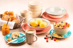 Geschirr-Set, Steingut Lumaca Koralle /Grau /Grün /Blau