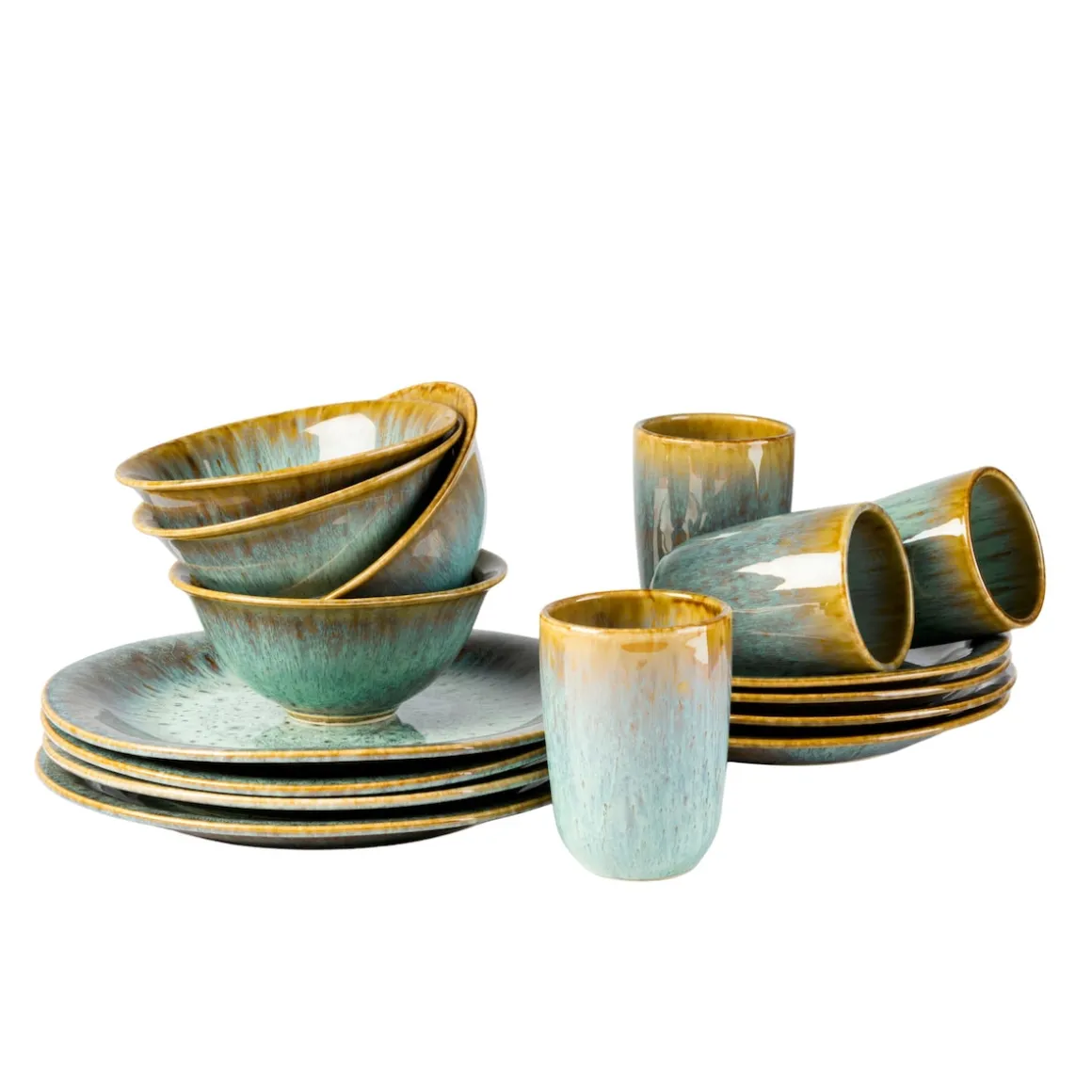 Kombiservice, Steinzeug Flussufer blau, grün, braun