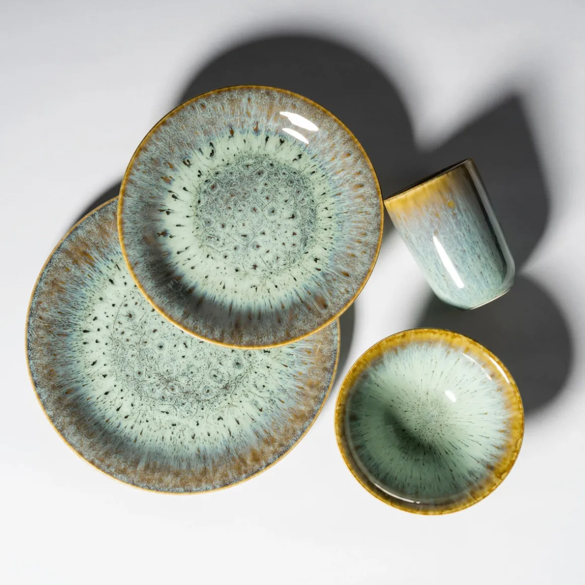 Kombiservice, Steinzeug Flussufer blau, grün, braun