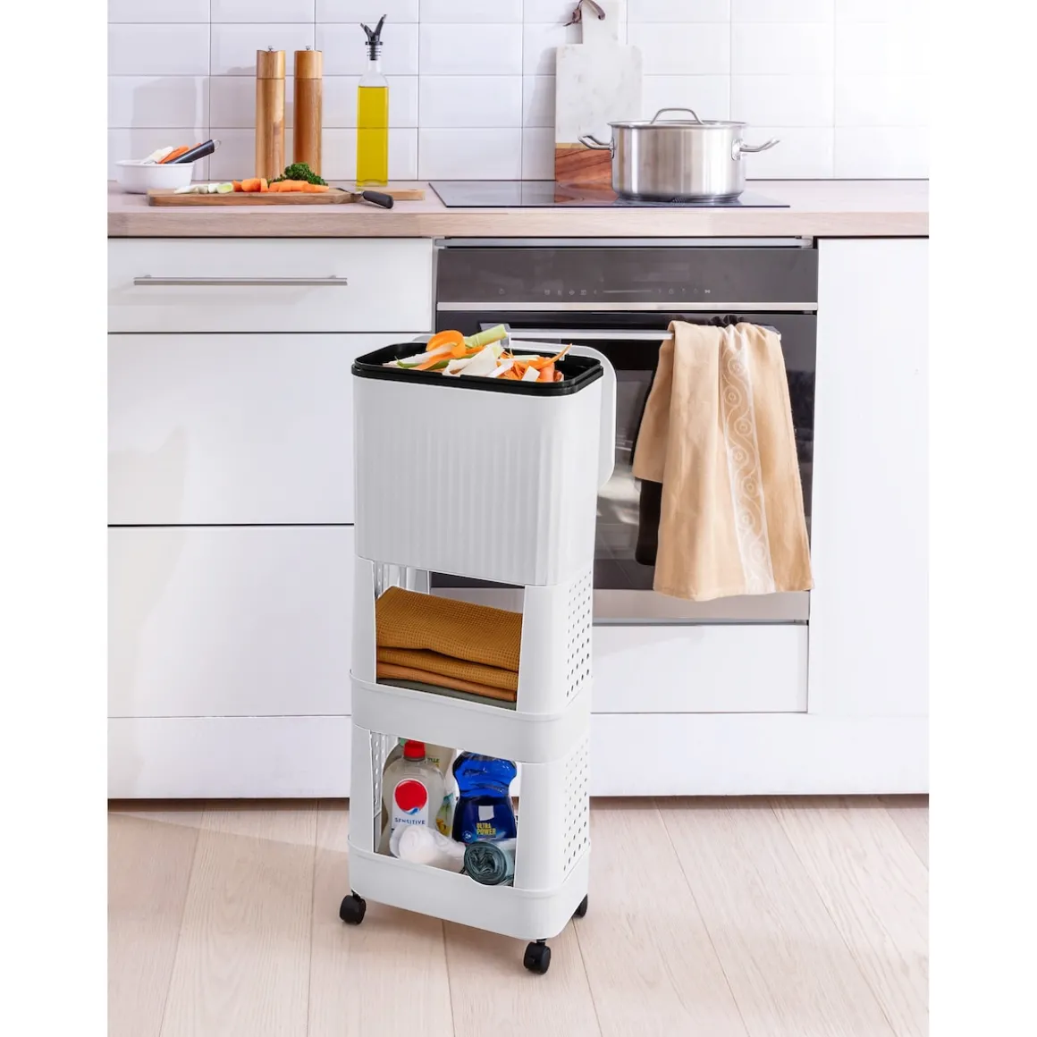 Platzspar-Rollwagen mit Mülleimer 2 Fächer