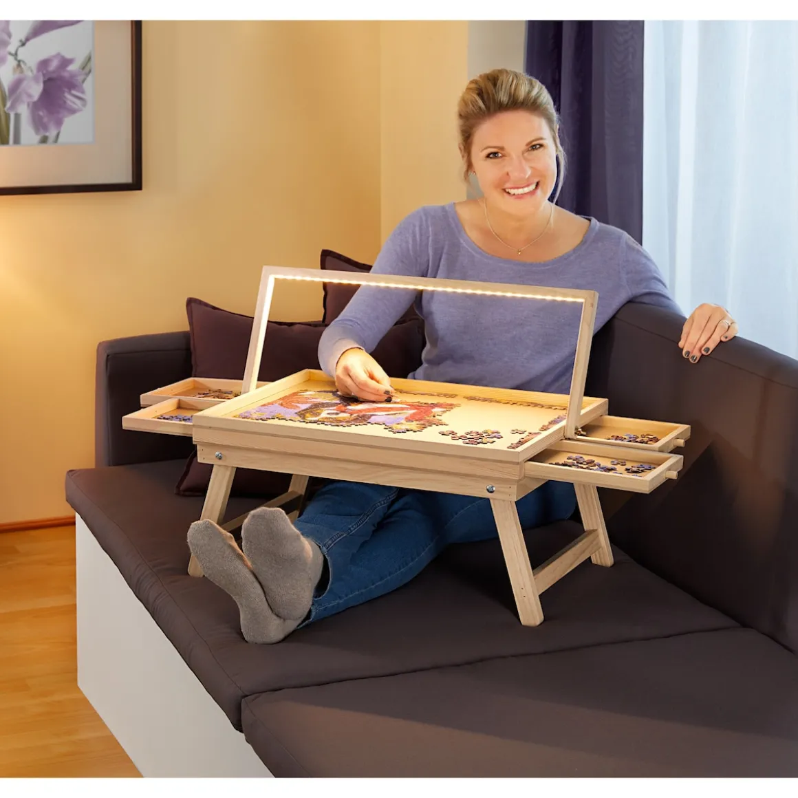 Puzzletisch mit Spielbrett-Deckel + LED-Licht für 500 Teile