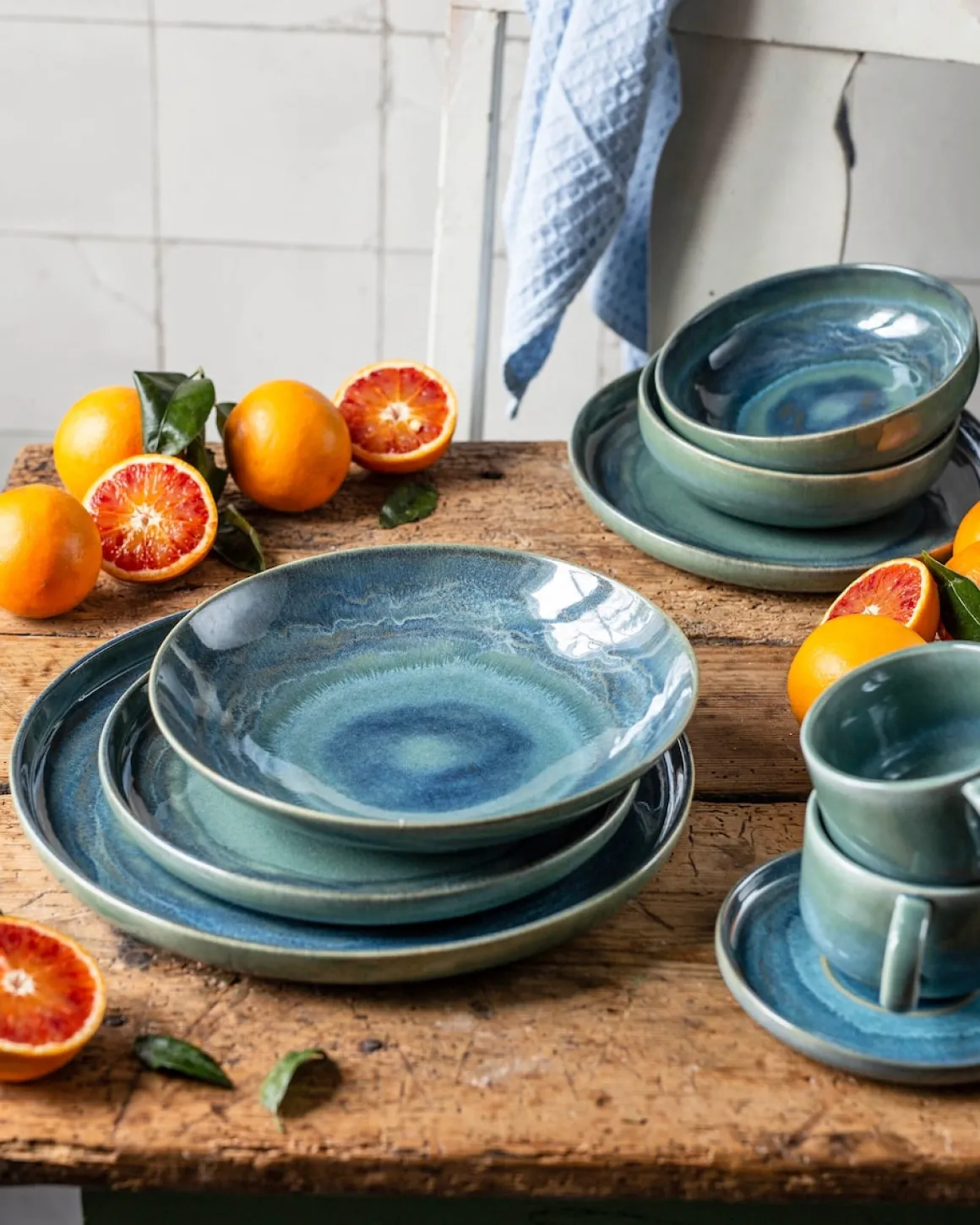 Speiseteller-Set, Steinzeug TIEFER SEE Blau / Grün