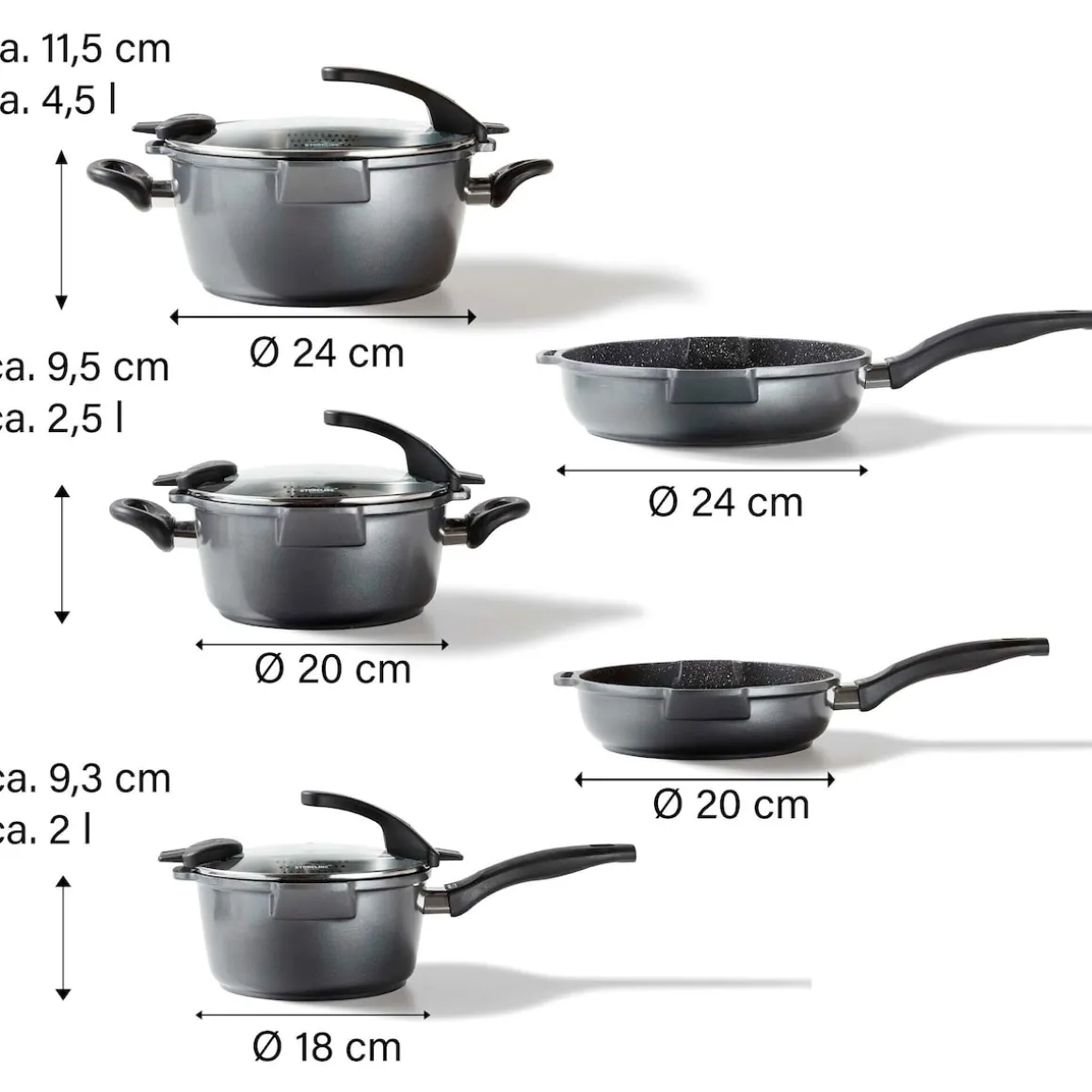 STONELINE FUTURE Kochgeschirr-Set 8-teilig 18/20/24 | mit Deckeln