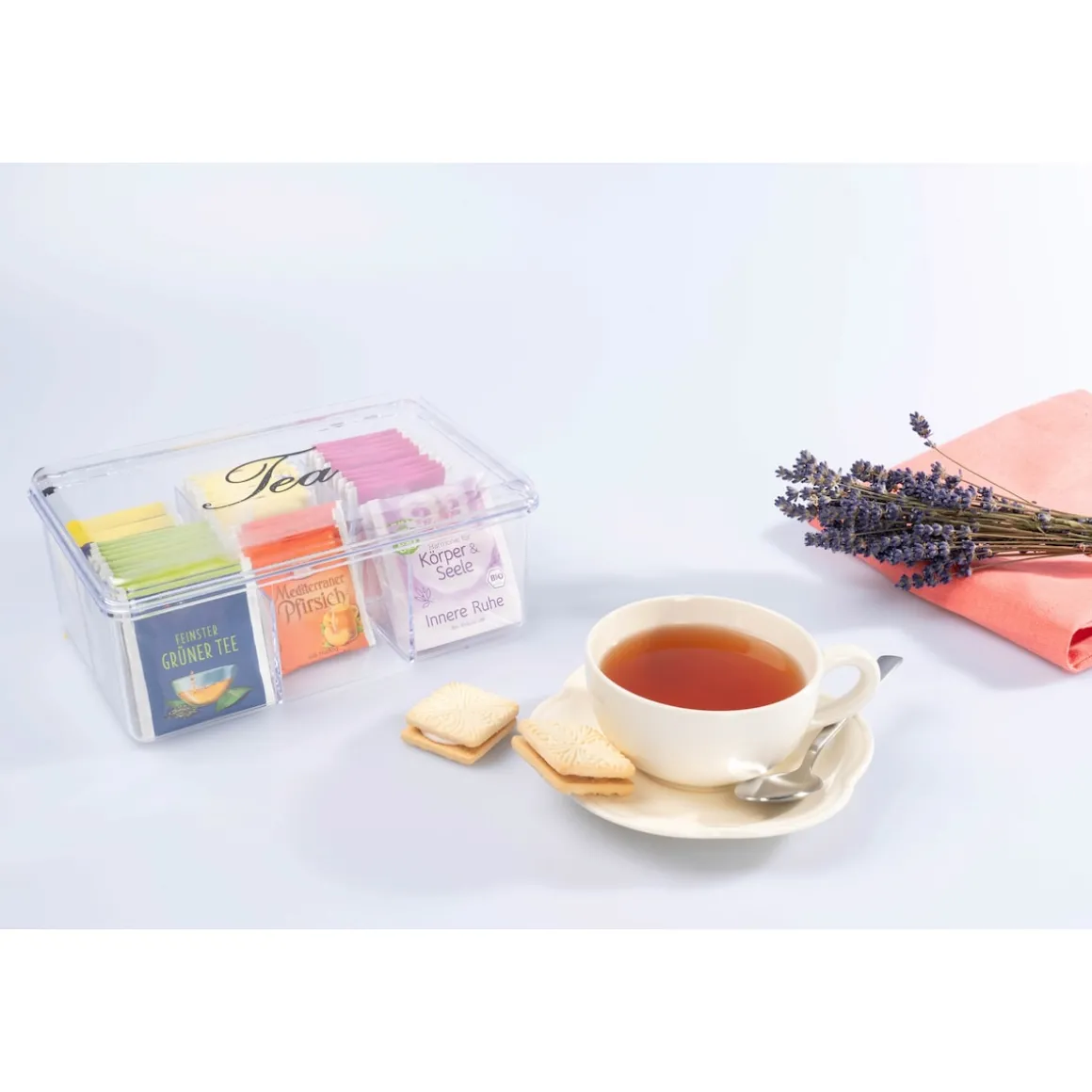 Teebox, transparent mit 6 Fächern
