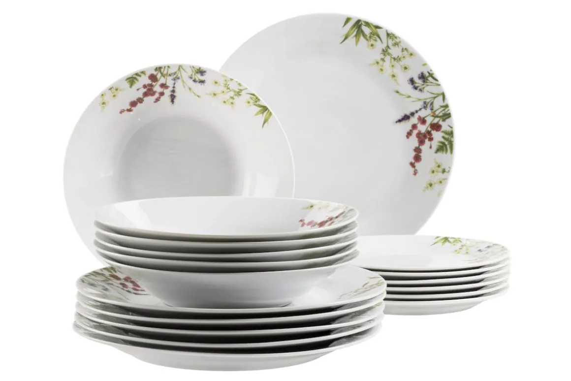 Tellerset, Porzellan Herbal Garden 6 x Speiseteller, 6 x Suppenteller, 6 x Dessertteller