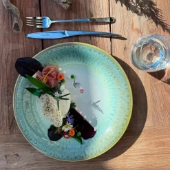 Teller-Set, Steinzeug Flussufer blau, grün, weiß