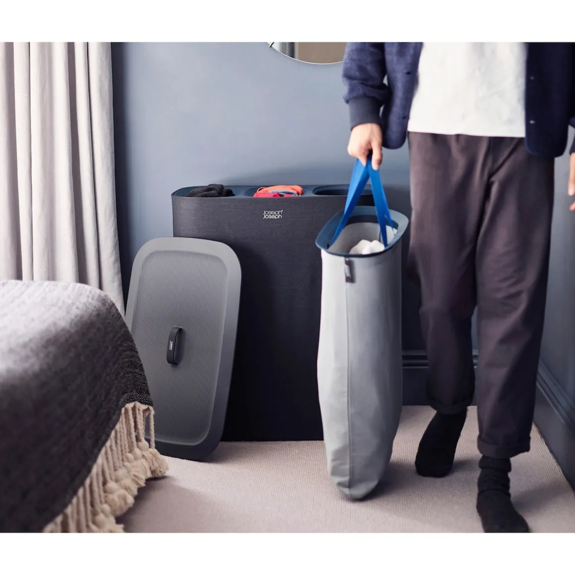 Wäschesammler, Wäschekorb Tota Trio mit Deckel, 3 Fächer, 90 l schwarz