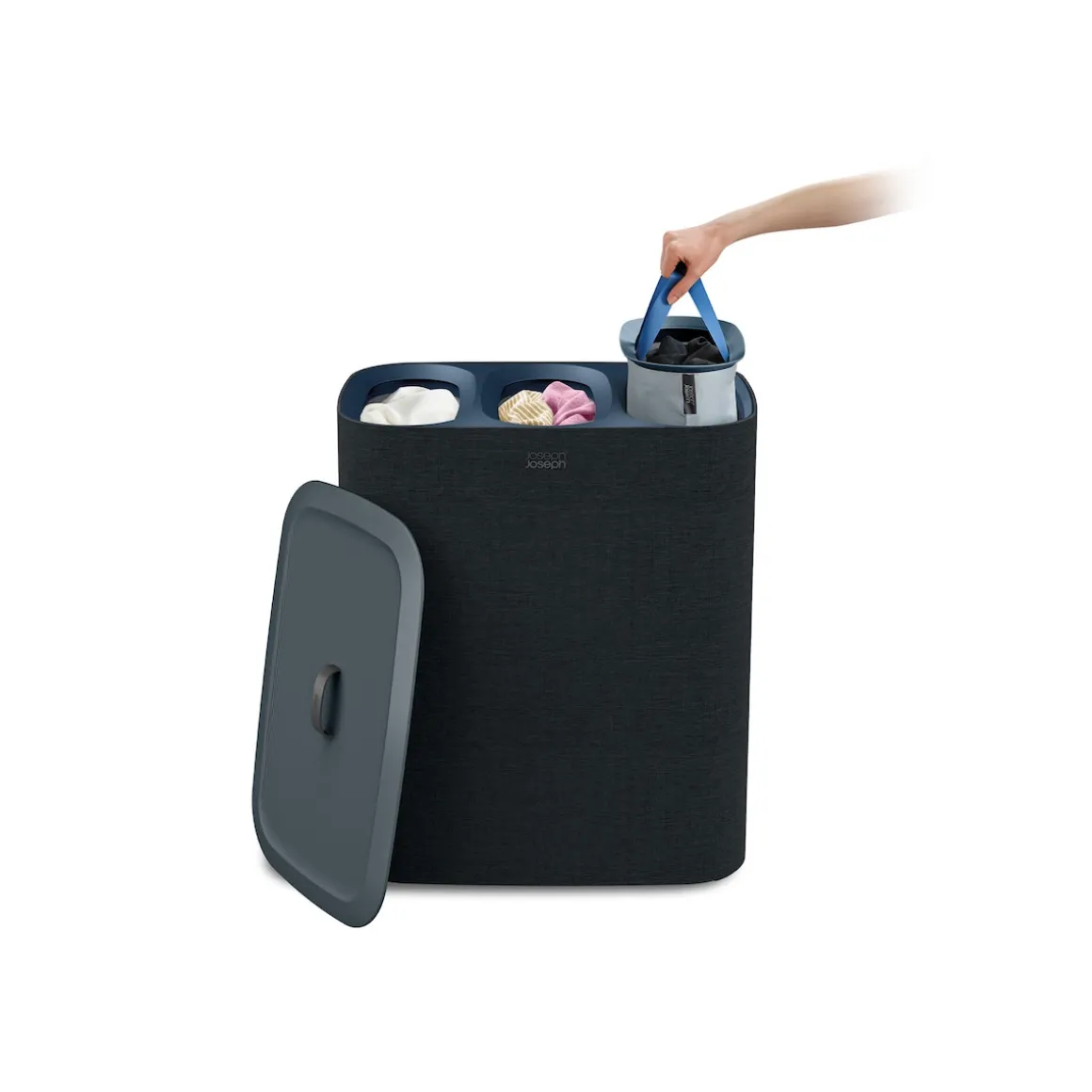 Wäschesammler, Wäschekorb Tota Trio mit Deckel, 3 Fächer, 90 l schwarz